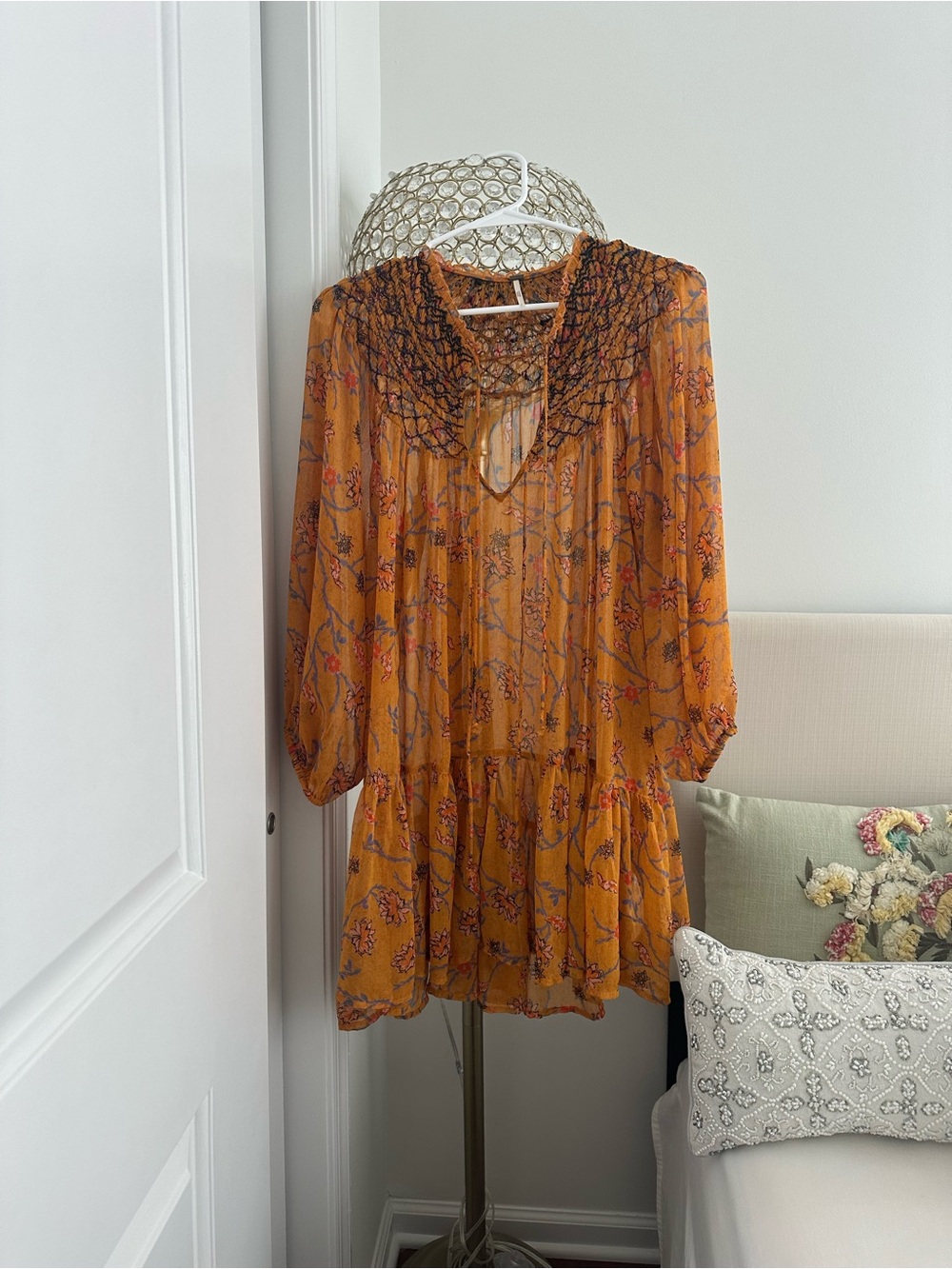 Free People Mustard Floral Boho Smocked Yoke Mini Dress